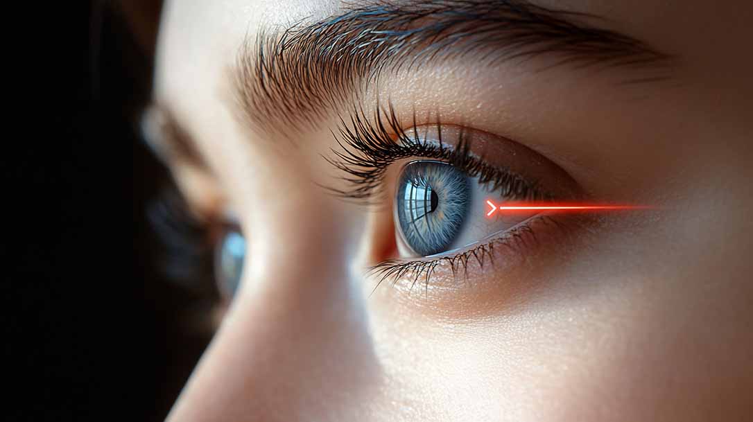 Lady with red laser next to eye Lady with red laser next to eye