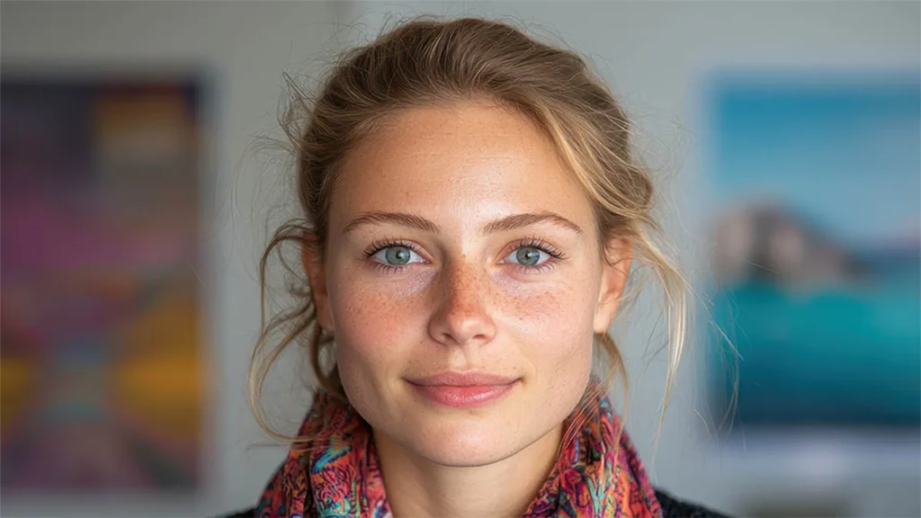 Blonde lady with reddish skin
